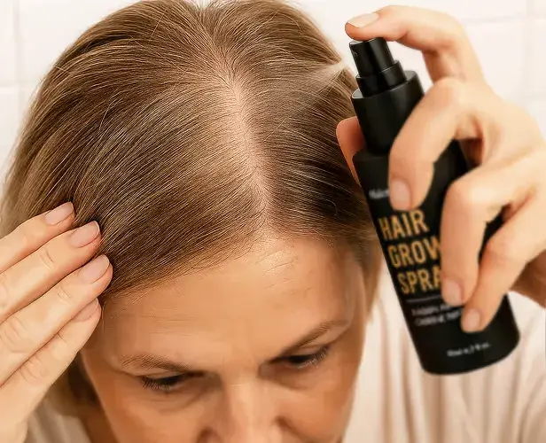 HaloGrow — Frau trägt Hair Growth Spray auf Kopfhaut auf