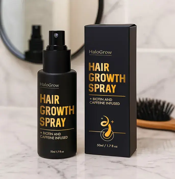 HaloGrow Hair Growth Spray Produkt und Verpackung